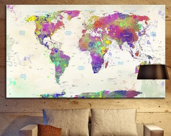 World Map Print On Canvas Colorful Travel Map Poster Beige Art Multi Panel Print Wall Hanging Decor Modern Geography Art for Living Room