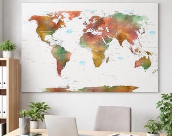 Mapa del mundo en acuarela para pared, lienzo impreso, decoración de viaje, gran decoración de pared para oficina, regalo para viajeros.