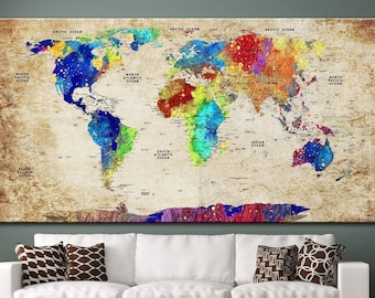 Large World Map Print on Canvas Travel Map of the World Wall Art Wanderlust World Map Poster Adventure Map Poster Indie Room Decor