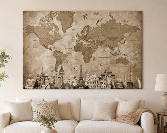 Large Vintage World Map Canvas Print Sepia Brown Travel Landmarks Wall Art Global Wanderlust Living Room Decor
