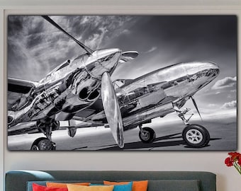 Airplane Print on Canvas Monocrome Art Black and White Aviation Poster Modern Wall Art Multi Panel Original Gift Art for Living Room Decor