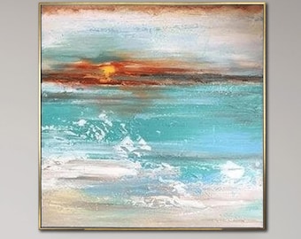 Groot schilderij oceaanzonsondergang, kust abstract zeegezicht canvas muurkunst voor decor strandhuis