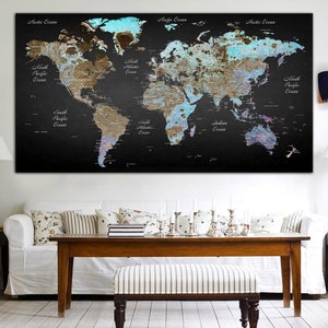 Originele push-pin kaart van de wereld zwarte muur kunst reiskaart van de wereld multi-paneel print moderne muur hangende decor voor kantoor