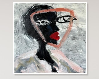 Retrato abstracto de mujer, pintura sobre lienzo figurativa moderna, decoración de pared expresionista de 71 x 71 cm.