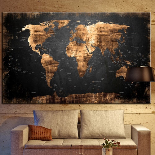 Old World Map Wall shops Art Luxury Modern Art Black Background Gold Map Multi Panel Print Wall Decor