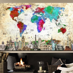 Póster colorido del mapa del mundo con monumentos icónicos Monumentos arquitectónicos Geografía Educación Viajes Inspiración Póster Edificios icónicos Arte
