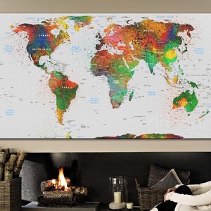 Grande affiche multicolore de carte des continents, impression de carte de la terre arc-en-ciel, carte éducative, impression géographique, décoration de voyage, carte du monde