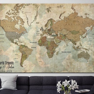 Push Pin Antieke Wereldkaart Kunst aan de muur Bruine Print Beige Kaart Multi Panel Print