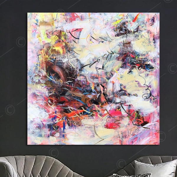 Extra Large Original Abstract Colorful Print On Canvas Textured Art Modern Pink Wall Hanging Decor Creative Art for Indie Room Decor