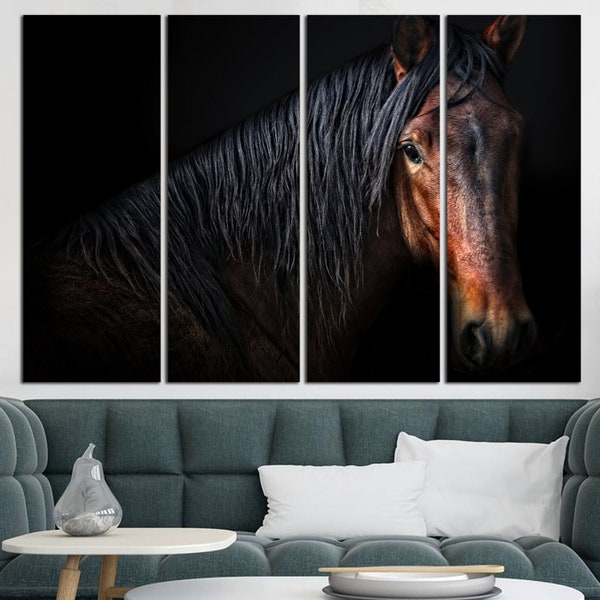 Großes Pferd Fotodruck Schwarzer Hintergrund Wand Kunst Multi Panel Wildpferd Druck auf Leinwand für Wohnzimmer Dekor