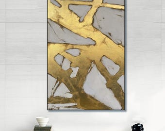 Peinture géométrique à la feuille d&#39;or : oeuvre d&#39;art mural abstraite moderne sur toile