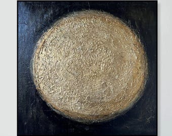 Cuadro abstracto Círculo Dorado, Lienzo Minimalista con Textura Negra, Decoración de Pared Moderna de Lujo 71 x 71 cm