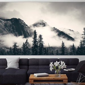 Impresión de grandes montañas sobre lienzo, póster de bosque, arte mural de bosque brumoso, impresión de naturaleza, arte mural de varios paneles, póster de bosque de pinos para decoración estética.