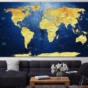 Push Pin Wereldkaart Kunst aan de muur Marineblauwe Print Goud Kaart Art Multi Panel Print Muur Decor
