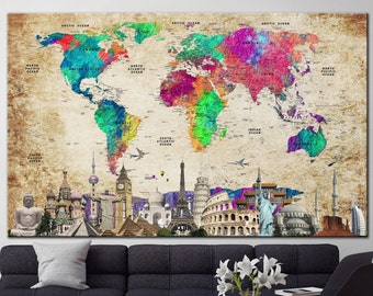 Large World Map Canvas Colorful Map of the World Print Educational World Map Poster Travel World Map Wall Art Multi Panel Wall Art