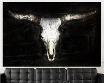 Bull Skull Print on Canvas Animal Skull Poster Multi Panel Wall Art Black Background Poster Western Art Print for Indie Room Decor