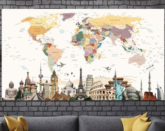 Wonders Of The World Beige Art Colorful Canvas World Map Wall Art Push Pin Print Map Set Wall Art Photo Print Photo Decor For Living Room