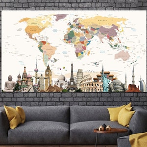 Wonders Of The World Beige Art Kleurrijke canvas wereldkaart muur kunst push pin print kaart set muur kunst foto print foto decor voor woonkamer