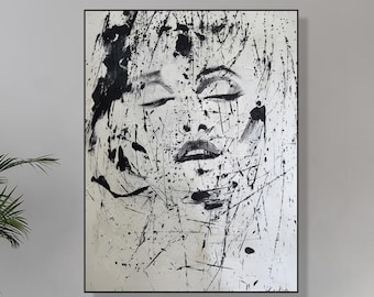 Grand visage abstrait noir et blanc peinture peinture goutte à goutte portrait art mural, décoration murale texturée moderne