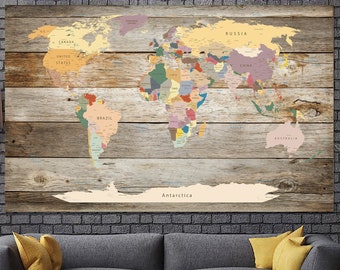 Large Push Pin World Map Rustic Map Decor Beige Map Print Frameless Wall Art Set Photo Printing Map Living Room Art Photo Decor on Canvas