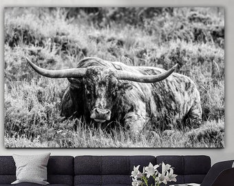 Original Black And White Print On Canvas Monochrome Bull Photo Print Multi Panel Animal Poster for Living Room Decor