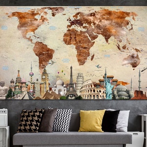Grote wereldkaart canvas muur kunst oranje en bruin kaart van de wereld multi-panel print reizen muur opknoping decor voor kantoorruimte
