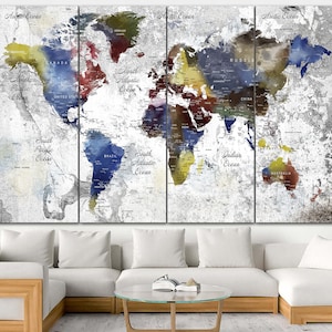 Canvas Decor Exclusieve Grote Wereldkaart Reizen Wereldkaart Abstracte Print Push Pin Kaart voor Modern Home Decor Multi Panel Art Canvas Print
