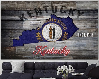 Kentucky Canvas Wall Art Kentucky State Map Kentucky Flag Print On Canvas Wooden Background Wall Art Multi Panel Print for Living Room