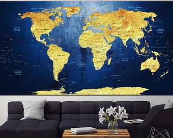 Push Pin World Map Wall Art Navy Blue Print Gold Map Art Multi Panel Print Wall Decor