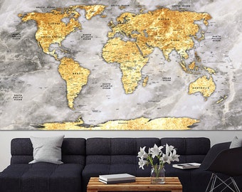 Large Push Pin World Map Print on Canvas Travel Map of the World Wall Art Wanderlust World Map Poster Multi Panel Wall Art for Office Decor