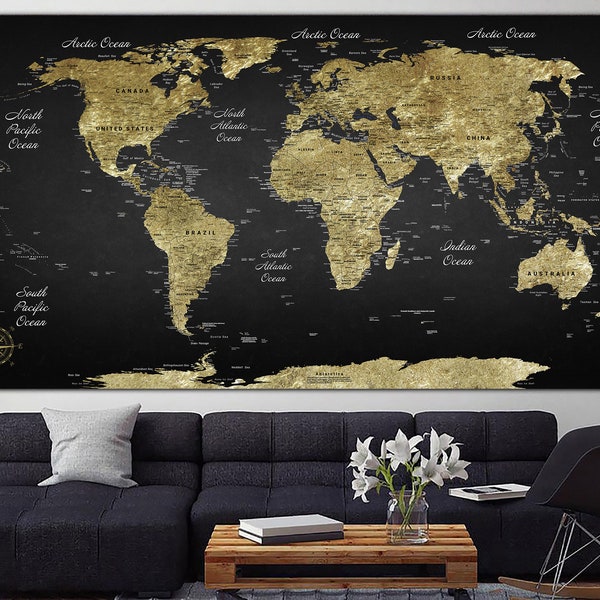 Large World Map Wall Art Canvas Gold Map of the World Poster Multi Panel Wall Art Travel Map of the World Wanderlust Map for Luxury Decor