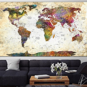 Antieke gestileerde wereldkaart kunst aan de muur kleurrijke multi-panel print educatieve kaart muur opknoping decor moderne reiziger cadeau voor woonkamer decor