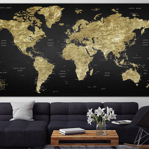 Extra Large Push Pin World Map Black Background Map Beige Print Poster World Map Print Living Room Wall Art Multi Panel Canvas Stylish Gift