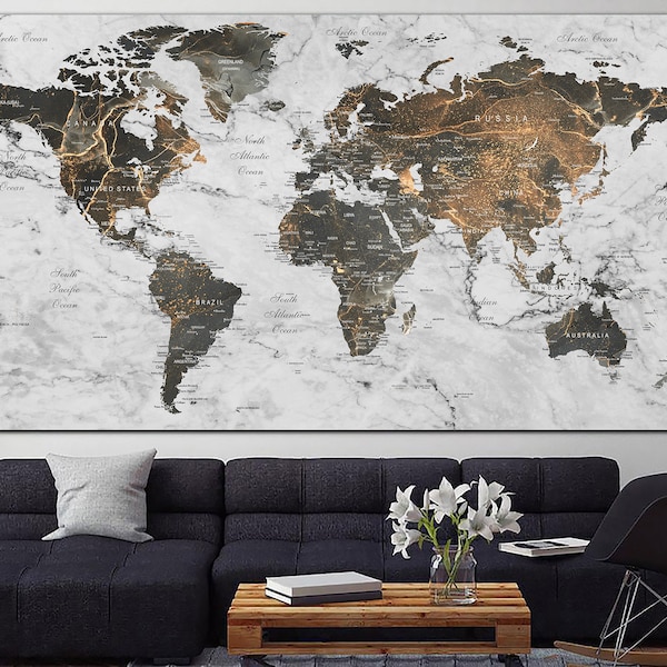 World Map Wall Art Extra Large Abstract Art Print World Map Colorful Map Gray Print On Canvas Multi Panel Canvas Wall Art Modern Wall Decor