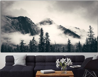 Large Mountains Print on Canvas Forest Poster Foggy Forest Wall Art Nature Print Multi Panel Wall Art Pine Forest Poster for Aesthetic Decor