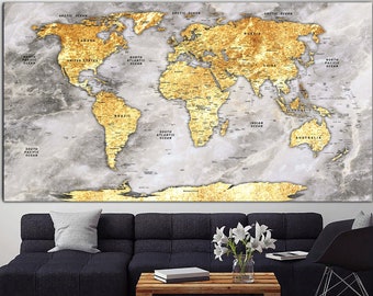 Push Pin World Map Wall Art Gris Background Art Gold Multi Panel Map Print Wall Decor