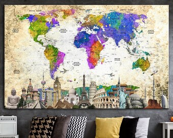 3rd anniversary gift Antique World Map Colorful Art parents wedding gift Travel World Map Creative Decoration Multi Panel library decor