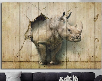 Rhino Art Print on Canvas Rhinoceros Wall Art Wild Animal Poster Wall Hanging Decor Wooden Background Wall Art for Kids Room Decor