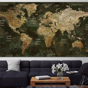Extra großes Wandbild Bronze Weltkarte Grün Leinwanddruck Weltkarte Bunte Karte Push Pin Unikat Weltkarte Original Kunstwerk Home Decor