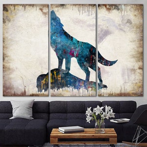 Originale Wolf Wall Art Canvas Howling Wolf Abstract Animal Colorful Wild Wolf Silhouette Multi Panel Art for Living Wallart Indie Room Decor immagine 1