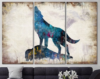 Original Wolf Wandkunst Leinwand Heult Wolf Abstraktes Tier Bunt Wild Wolf Silhouette Multi Panel Art for Living Wallart Indie Room Decor