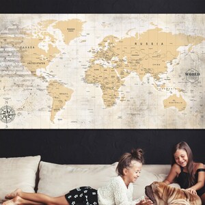 Impresión de mapa del mundo Beige antiguo, mapa naranja del mundo, impresión de múltiples paneles, impresión de mapa texturizado Original para decoración para sala de estar