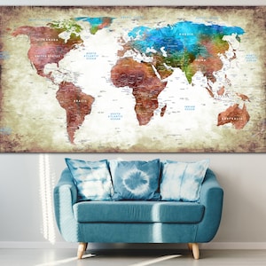 Vintage Push Pin Wereldkaarten Canvas Wall Art Oude Stileer Kleurrijke Kaart van de Wereld Reizen Multi Panel Map Print Origineel Kantoor Muur Decor