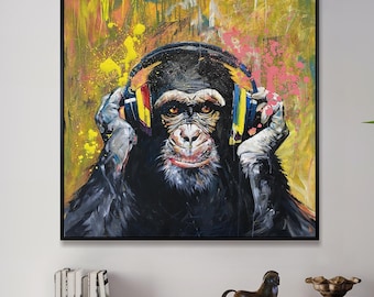 Grote funky chimpansee popart schilderij kleurrijke aap canvas muziekliefhebber muur decor cadeau