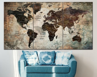 Large Push Pin World Map Print on Canvas Vintage Style Map of the World Poster Multi Panel Wall Art Educational Poster for Kids Room Decor