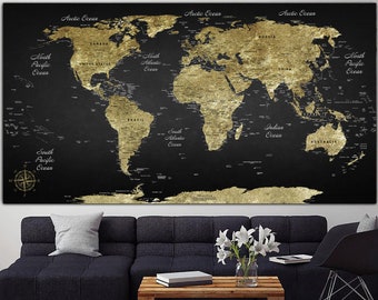 Large World Map Wall Art Canvas Gold Map of the World Poster Multi Panel Wall Art Travel Map of the World Wanderlust Map for Luxury Decor