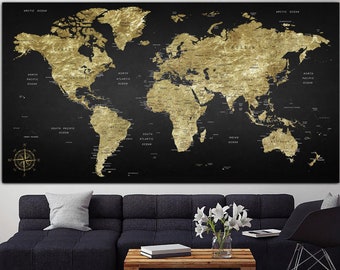 Extra Large Push Pin Mappa del mondo Nero Sfondo Mappa Beige Stampa Poster Mappa del mondo Stampa Soggiorno Arte della parete Multi Panel Tela Regalo alla moda