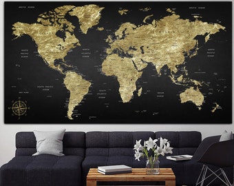 World Map Wall Art Push Pin Golden Travel Map Wall Decor