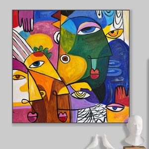 Farbenfrohes, kubistisches Gesichtsgemälde: Abstraktes geometrisches Portrait (66x26cm)