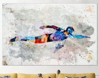 Abstract Swimmer Print on Canvas Sportsman Poster Swimming Print Multi Panel Wall Art Watercolor Style Art Print for Lake House Decor